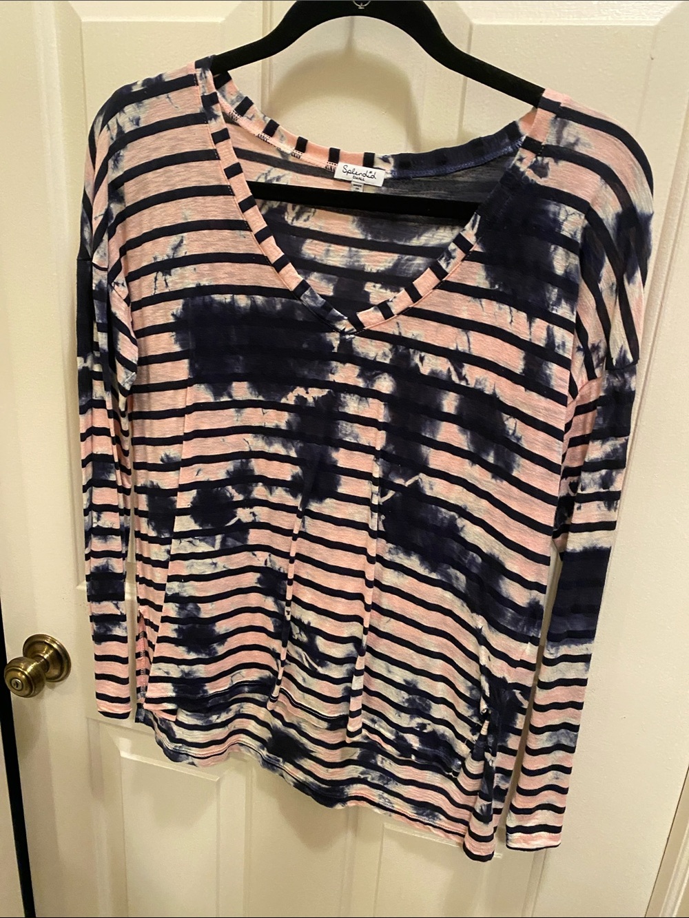 Splendid Pink and Navy Tie-Dye Striped V-Neck Long Sleeve Top
